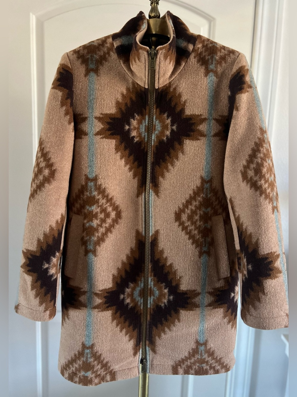 PENDLETON Aztec Print Wool Blend Double Zip Up Coat Tan Brown Blue size Small